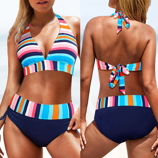 European And American Swimwear Striped Printed Split Sexy Bikini